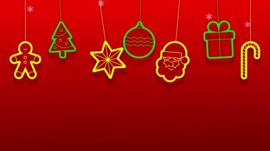 Mutlu Noeller ve mutlu yeni yıl metin animasyonu kırmızı arka plan ve kar döngüsü üzerine Noel süslemesi - 4K hareketli grafik animasyonu