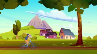 2D animasyon grafikleri. Güzel doğada bisiklet süren bir çocuk. Bir bisikletin geçtiği yol evlerden, dağlardan ve ağaçlardan geçer. Düz çizgi film renkli vektör çizimi.