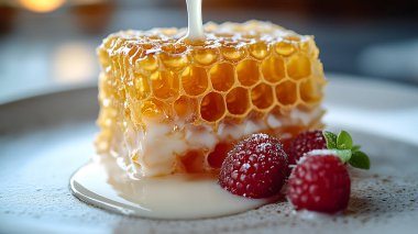 Close-up of a honeycomb drizzled with milk, paired with fresh raspberries and garnished with mint leaves, captured in soft natural light. Perfect for food and culinary themes. clipart