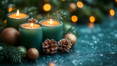 A cozy Christmas centerpiece featuring glowing green candles, frosted pinecones, and golden ornaments surrounded by evergreen branches, creating a warm and festive holiday atmosphere. clipart