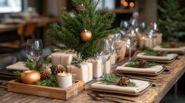 Çok güzel dekore edilmiş bir Noel yemeği masası. Çam kozalağı aksanlı, yeşillikli ve süs olarak paketlenmiş hediyeler içeren kırsal bir tema. Kurulum zarif cam eşyalar, mumlar içeriyor..