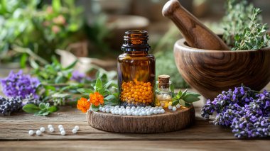 İçinde taze bitkiler, çiçekler ve ahşap havan ve tokmakla çevrili homeopatik ilaçlarla dolu kehribar cam şişelerin bulunduğu sakin bir hayat. Doğal iyileşme için mükemmel..
