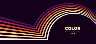 1970 'lerin soyut arka plan tasarımı fütüristik retro tarzında renkli çizgilerle. Soyut basit renkli çizgili çizgiler retro tarzında. Renkli çizgi koyu arkaplan tasarımı. Vektör illüstrasyonu. 