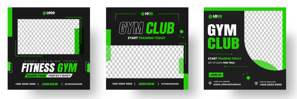 Fitness gym social media post banner template with black and green color, gym, Workout, fitness and Sports social media post banner, fitness gym social media post banner design.