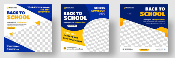 School admission social media post banner design. back to school social media post banner design set. Back to school admission promotion banner. school admission template for social media ad.