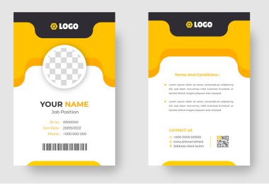 Modern ve temiz bir kimlik kartı şablonu. Sarı renkli profesyonel kimlik tasarım şablonu. kurumsal modern iş kimliği tasarım şablonu. Şirket çalışanı kimlik kartı şablonu.