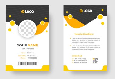 Modern ve temiz bir kimlik kartı şablonu. Sarı renkli profesyonel kimlik tasarım şablonu. kurumsal modern iş kimliği tasarım şablonu. Şirket çalışanı kimlik kartı şablonu.