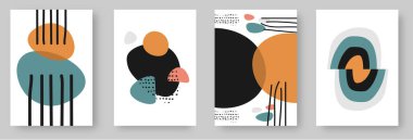 Abstract modern art posters set. Doodle and various lines and dots. pastel color hand drawn geometric shapes and tropical leaves silhouettes. Wall decoration for home interior or brochure cover design