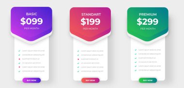 pricing table and pricing chart Price list vector template for web or app. Ui UX design tables with tariffs, subscription and business plans. Comparison business web plans, 3 column grid design. clipart