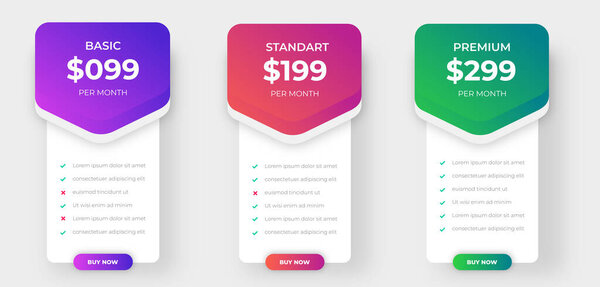 Таблица цен и таблица цен Векторный шаблон прейскуранта для веб или приложения. Ui UX дизайнерские таблицы с тарифами, подпиской и бизнес-планами. Сравнение бизнес-веб-планов, трехстолбцовый дизайн сетки.