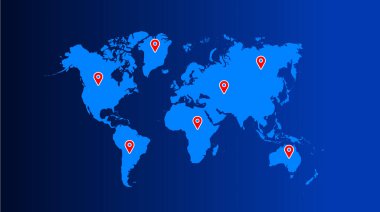 Konum ikon vektör illüstrasyonlu dünya haritası. Dünya haritası kıtalar, Kuzey ve Güney Amerika, Avrupa ve Asya, Afrika ve Avustralya ile şablon