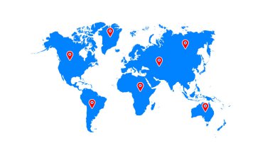 Konum ikon vektör illüstrasyonlu dünya haritası. Dünya haritası kıtalar, Kuzey ve Güney Amerika, Avrupa ve Asya, Afrika ve Avustralya ile şablon