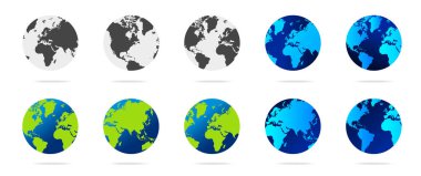 Yeşil, mavi ve koyu renk vektör illüstrasyonlu dünya küresi. Dünya küresi tomarı. Dünya haritası küre şeklinde. Dünya küreleri düz stil.