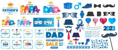 Babalar Günü arkaplanı, kravatlı, gözlüklü, şapkalı ve hediye kutulu afiş seti. Babalar Günü 'nüz kutlu olsun tipografi tasarım paketi. baba günü element vektörü ve sosyal medya pankartı ayarlandı. 