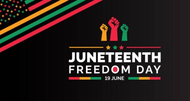 Haziran Özgürlük Günü arkaplan, bayrak, kart, poster tipografi tasarımı. Afrika Amerika 'nın Bağımsızlık Günü geçmişi, Özgürlük ve Özgürlük Günü. 19 Haziran. vektör.