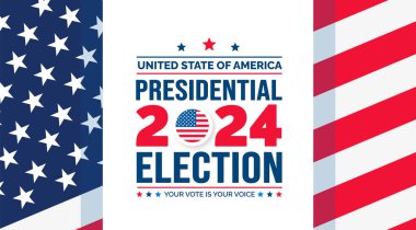 USA 2024 Başkanlık Seçimleri Sancak, arka plan, kart, poster tasarımı. Amerikan renk tasarımı ve tipografisi ile Başkanlık Seçimleri 2024 Banner. Oylama günü, 5 Kasım. ABD Seçimleri.