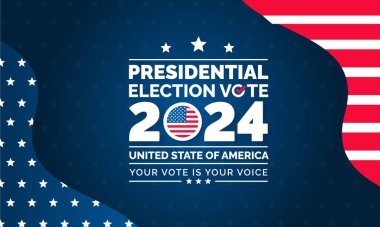 USA 2024 Başkanlık Seçimleri Sancak, arka plan, kart, poster tasarımı. Amerikan renk tasarımı ve tipografisi ile Başkanlık Seçimleri 2024 Banner. Oylama günü, 5 Kasım. ABD Seçimleri.
