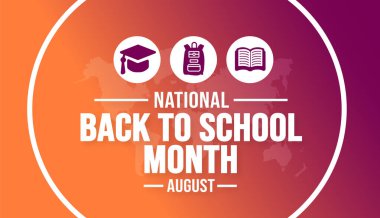 Ağustos National Back to School Month 'un arka plan şablonu. Tatil konsepti. arkaplan, pankart, kart ve yazı ve standart renkte poster tasarım şablonu. vektör