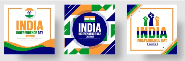 Agosto Índia Dia Independência Mídia Social Postar Banner Adesivo Conjunto — Vetor de Stock