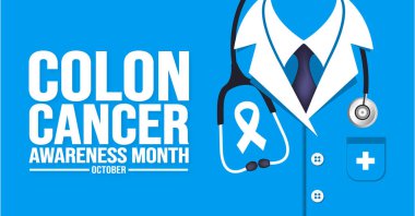 Ekim ayında Kolon Kanseri Farkındalığı Ay şablonu var. Tatil konsepti. arkaplan, pankart, kart ve yazı ve standart renkte poster tasarım şablonu. vektör