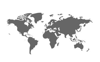 Dünya haritası siyah-beyaz renk vektör çizimi. Dünya haritası kıtalar, Kuzey ve Güney Amerika, Avrupa ve Asya, Afrika ve Avustralya ile şablon