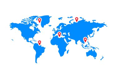 Konum ikon vektör illüstrasyonlu dünya haritası. mavi renkli dünya haritası kıtalar, Kuzey ve Güney Amerika, Avrupa ve Asya, Afrika ve Avustralya ile şablon