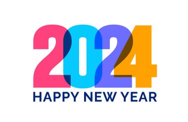2024 Mutlu Yıllar renkli metin logosu tipografi tasarımı konsepti. Renkli cam şeklinde 2024 rakamlı Xmas selamları. Sanat tasarımı şablonu 2024 Kaligrafi Vektörü illüstrasyonu.