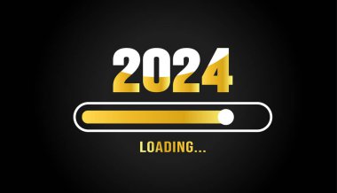 2024 Çubuk İlerleme dijital teknolojisi altın rengi arka plan yüklüyor. Mutlu yıllar 2024 yükleme barı. Hedef planı ve stratejisine başlayın. 2023 'ten 2024' e kadar iş ilanı yükleniyor. vektör illüstrasyonu.
