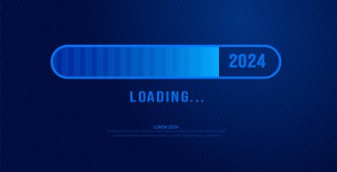 2024 Bar Progress dijital teknolojisi yükleniyor koyu mavi arkaplan. Mutlu yıllar 2024 yükleme barı. Hedef planı ve stratejisine başlayın. 2023 'ten 2024' e kadar iş ilanı yükleniyor. vektör illüstrasyonu.