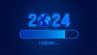 2024 Bar Progress dijital teknolojisi yükleniyor koyu mavi arkaplan. Mutlu yıllar 2024 yükleme barı. Hedef planı ve stratejisine başlayın. 2023 'ten 2024' e kadar iş ilanı yükleniyor. vektör illüstrasyonu.