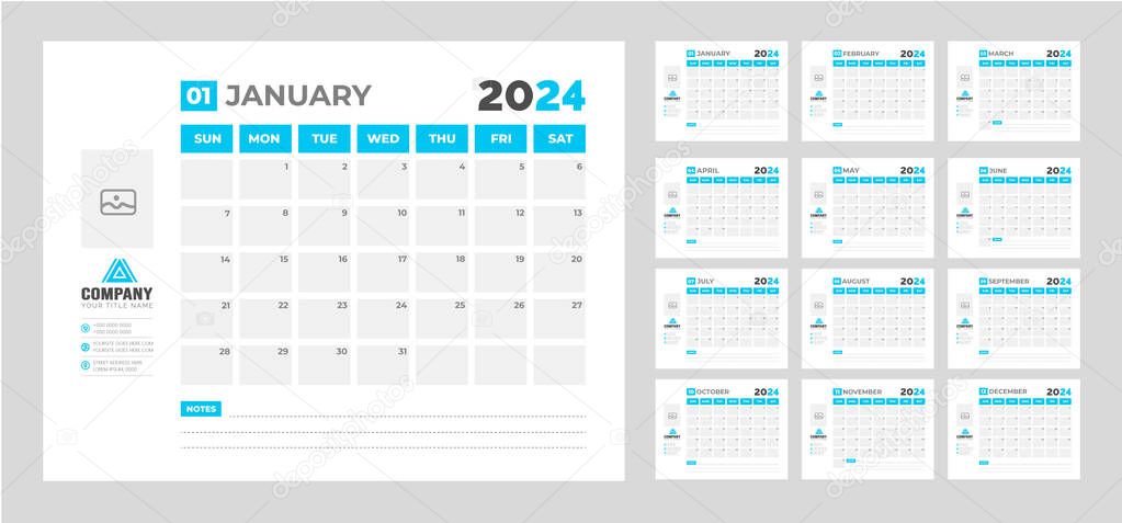 2024 Calendar Desktop Planner Template. Corporate business wall or desk simple Planner calendar with week start Sunday.  Set of 2024 Calendar Planner Template with Place for Photo and Company Logo.