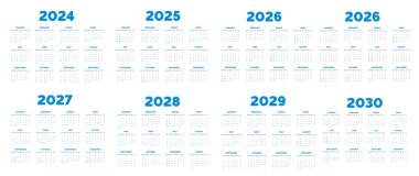 2024, 2025, 2026, 2027, 2028, 2029, 2030 takvim vektör çizimi. Hafta pazar günü başlıyor, basit planlayıcı tasarım şablonu kurumsal iş duvarı takvimi tasarım paketi.