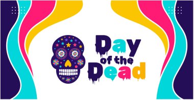 Ölüler günü, Dia de los muertos, Da de Muertos renkli Meksika kafatası sanat tasarım şablonu. Geleneksel Meksika bayram posteri, parti broşürü, tebrik kartı, afiş ve geçmiş.