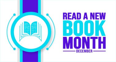 Aralık, Yeni Kitap Ayının şablonunu oku. Tatil konsepti. arkaplan, pankart, kart ve yazı ve standart renkte poster tasarım şablonu. vektör illüstrasyonu.