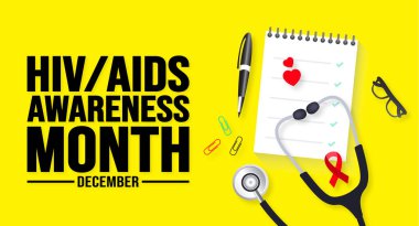 Aralık ayındaki HIVAIDS Farkındalık Ayı şablonu. Tatil konsepti. arkaplan, pankart, kart ve yazı ve standart renkte poster tasarım şablonu. vektör illüstrasyonu.
