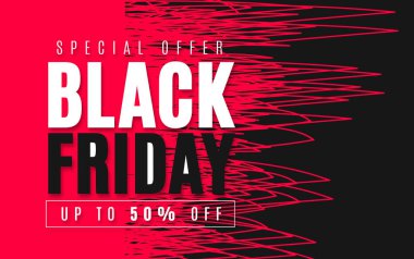 Kara Cuma indirimli pankart tasarımı. Kırmızı ve siyah renkli Kara Cuma arkaplan tasarım şablonu.