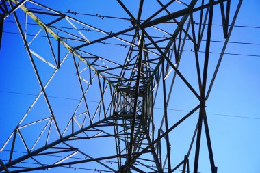 Çelik elektrik direği ve yüksek voltajlı elektrik hattı mavi gökyüzü arkaplanlı elektrik iletim fotoğrafı.