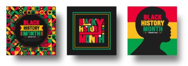 Afro-Amerikan Siyah tarihi renkli harfler sosyal medya afiş tasarım şablonu seti. Amerika Birleşik Devletleri ve Kanada 'da Şubat ayında kutlandı. Haziran Bağımsızlık Günü 'nde. Kwanzaa