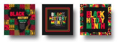 Afro-Amerikan Siyah tarihi renkli harfler sosyal medya afiş tasarım şablonu seti. Amerika Birleşik Devletleri ve Kanada 'da Şubat ayında kutlandı. Haziran Bağımsızlık Günü 'nde. Kwanzaa