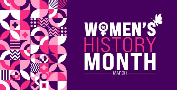 Stock vector March is Womens History Month geometric shape pattern  background template with women vector and women icon sign design. use to background, banner, placard, card, and poster design template.