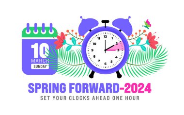 Spring Forward concept 2024 banner. Daylight Saving Time Starts background with cartoon doodle style with funny clock flower. schedule of changing clocks at march 10, 2024. Spring Forward clock banner clipart