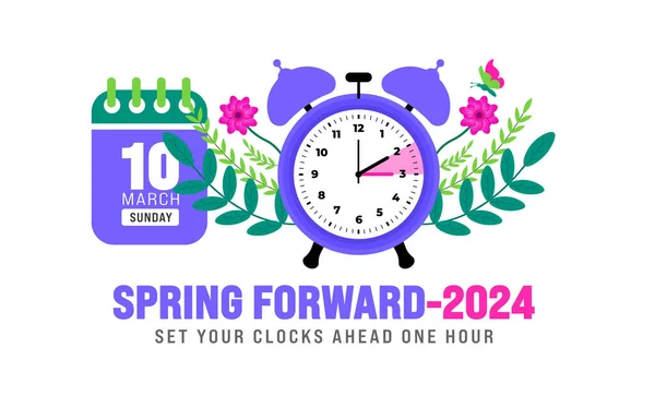 Spring Forward konsepti 2024 afişi. Gün Işığı Tasarruf Zamanı, çizgi film karalama stili ve komik saat çiçeğiyle başlar. 10 Mart 2024 'te saat değiştirme programı. Bahar İleri Saat SancağıName