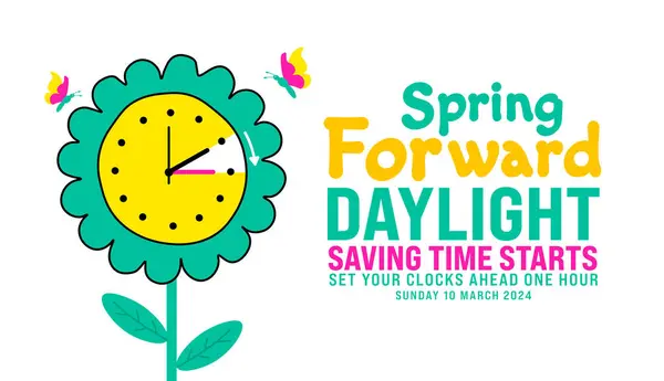 Spring Forward konsepti 2024 afişi. Gün Işığı Tasarruf Zamanı, çizgi film karalama stili ve komik saat çiçeğiyle başlar. 10 Mart 2024 'te saat değiştirme programı. Bahar İleri Saat SancağıName
