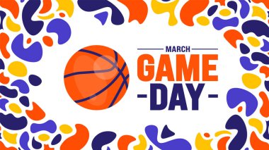 March, Game Day arka plan tasarım şablonudur. Mart ayında basketbol playoff 'u. Basketbol sezonunun final maçları için top Amerika 'da Süper Spor Parti posteri. Oyun Günü pankartı.