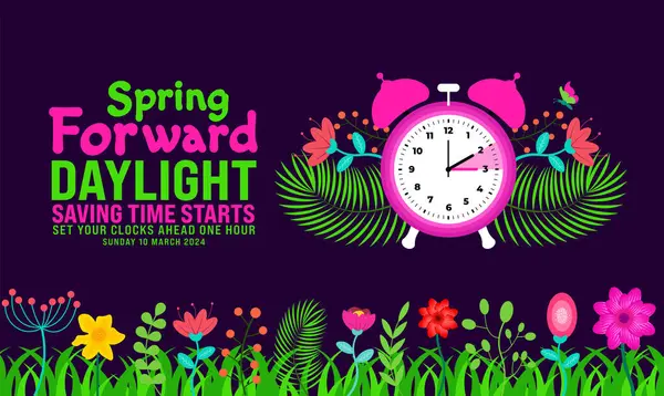 春のフォワード2024花と草のバックグラウンド 日光の節約時間 面白い時計の花と漫画の落書きスタイルの背景を開始します 3月10日の時計の変更スケジュール — ストックベクタ