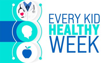 April, Sağlıklı Her Çocuk Haftası şablonu. Tatil konsepti. arkaplan, pankart, kart ve yazı ve standart renk içeren poster tasarım şablonu için kullan. vektör illüstrasyonu