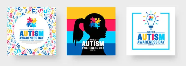 stock vector 2 April world Autism Awareness Day social media post banner design set. Autism Awareness Day banner bundle with puzzle piece, child hand, awareness ribbon, love icon, child girl and boy vector design.