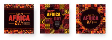 25 Mayıs, geometrik şekilli ve Afrika haritalı Mutlu Afrika Günü sosyal medya afiş tasarım şablonu. Tatil konsepti. arkaplan, pankart, pankart, kart ve poster şablonu için kullan.