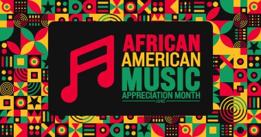 Haziran, Afrikalı Amerikan Müzik Takdir Ayı veya siyah müzik ayının arka plan şablonu. Tatil konsepti. arkaplan, pankart, kart ve metin yazma ile poster tasarım şablonu için kullan 