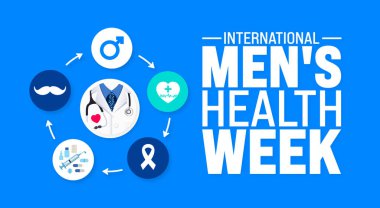 June Uluslararası Erkekler Sağlık Haftası şablonu. Tatil konsepti. Metin yazma ve standart renk ile arkaplan, pankart, kart ve poster tasarım şablonu için kullan.